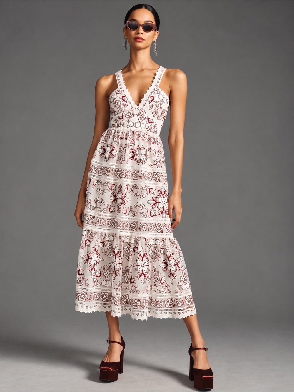 Anthropologie Tiered V-Neck Lace Embroidered Dress White Maroon Red Bohemian